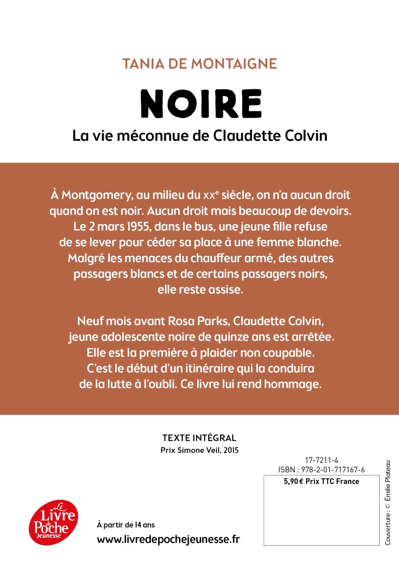 Noire - La vie méconnue de Claudette Colvin - Tania de Montaigne - POCHE JEUNESSE