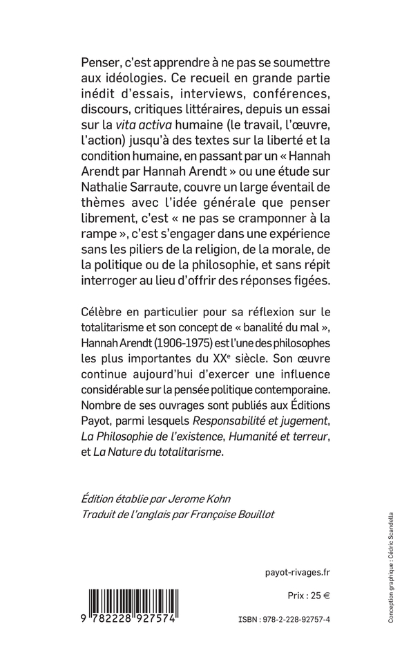 Penser librement - Hannah Arendt, Françoise Bouillot - PAYOT