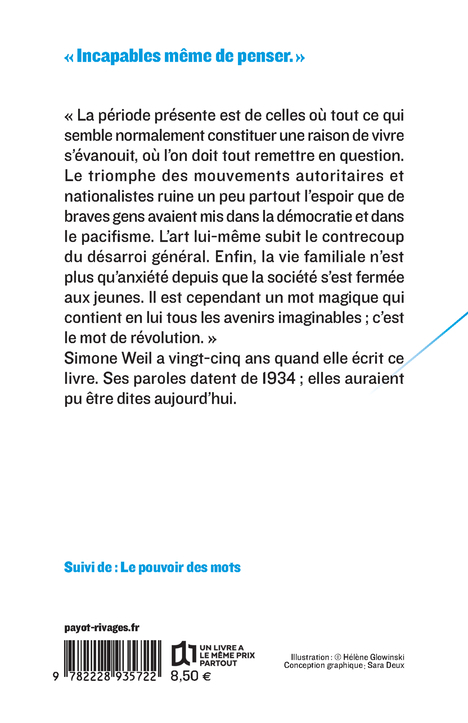 Réflexions sur les causes de la liberté et de l'oppression sociale - Simone Weil, Hélène Glowinski - PAYOT
