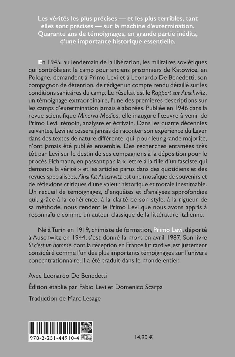 Ainsi fut Auschwitz - Primo Levi, Leonardo De Benedetti, Marc Lesage, Fabio Levi, Domenico Scarpa - BELLES LETTRES