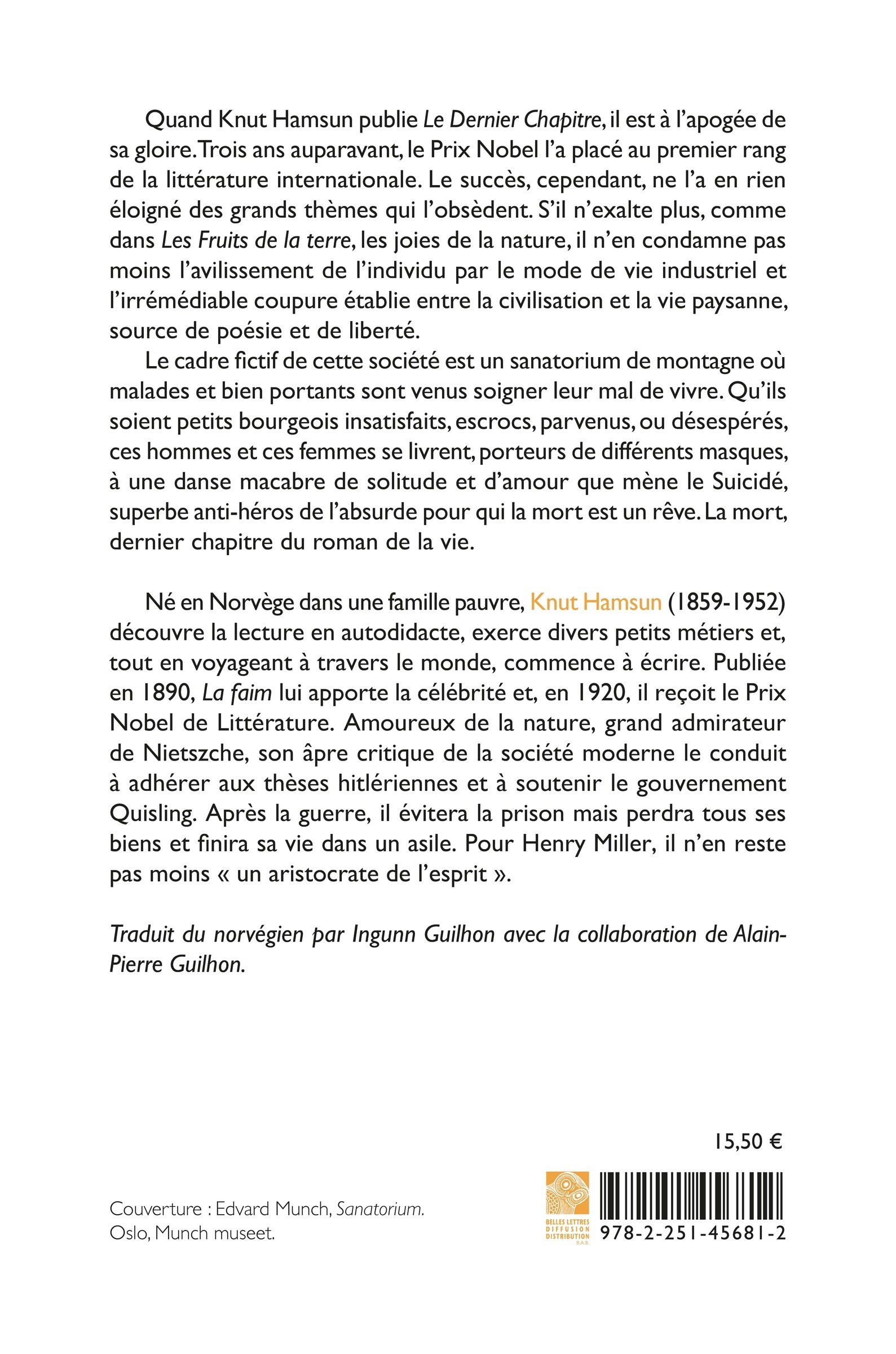 Le Dernier Chapitre - Knut Hamsun, Ingunn Guilhon, Alain-Pierre Guilhon - BELLES LETTRES