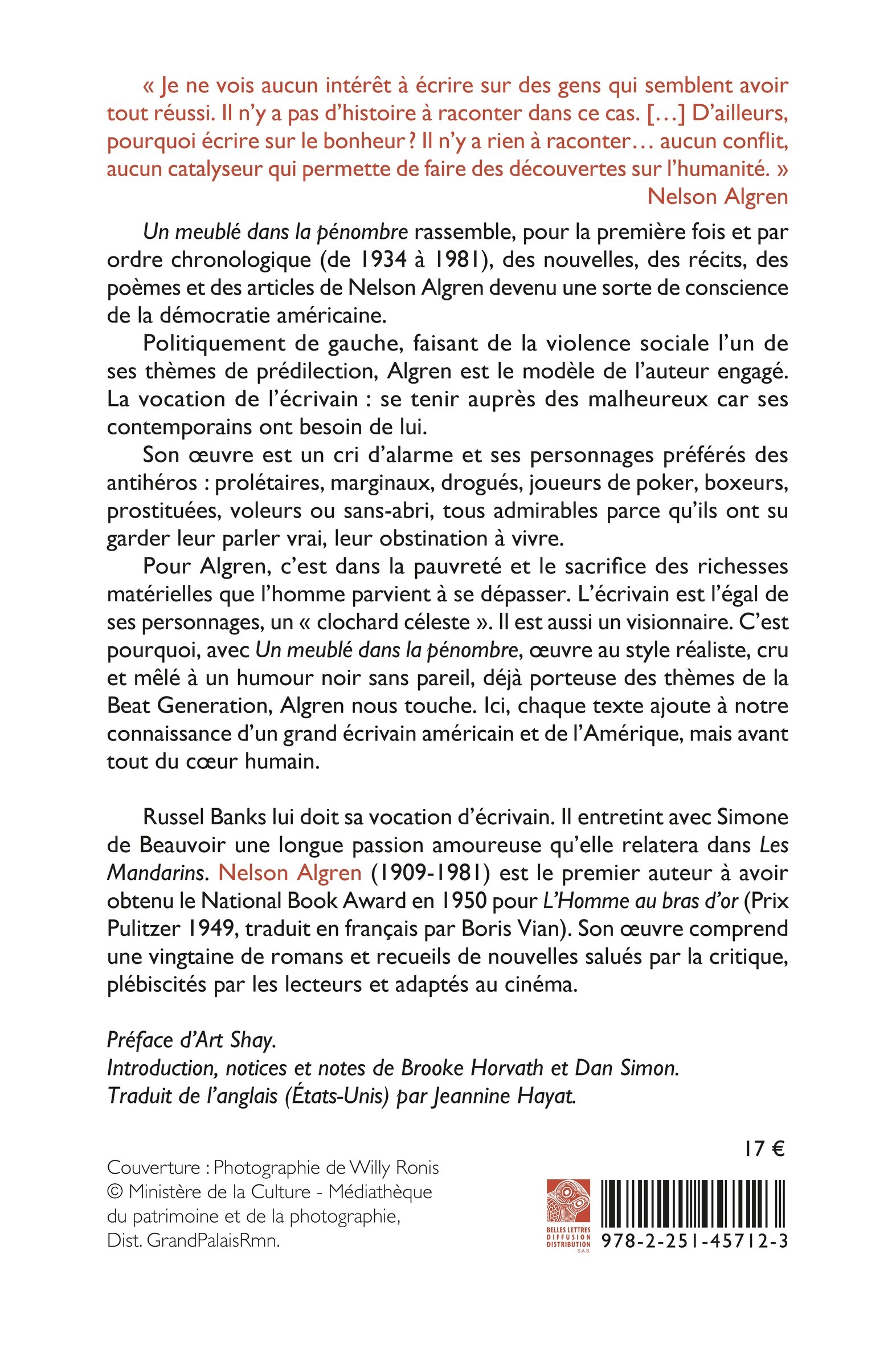Un meublé dans la pénombre - Nelson Algren, Jeannine Hayat, Art Shay, Brooke Horvath, Dan Simon - BELLES LETTRES